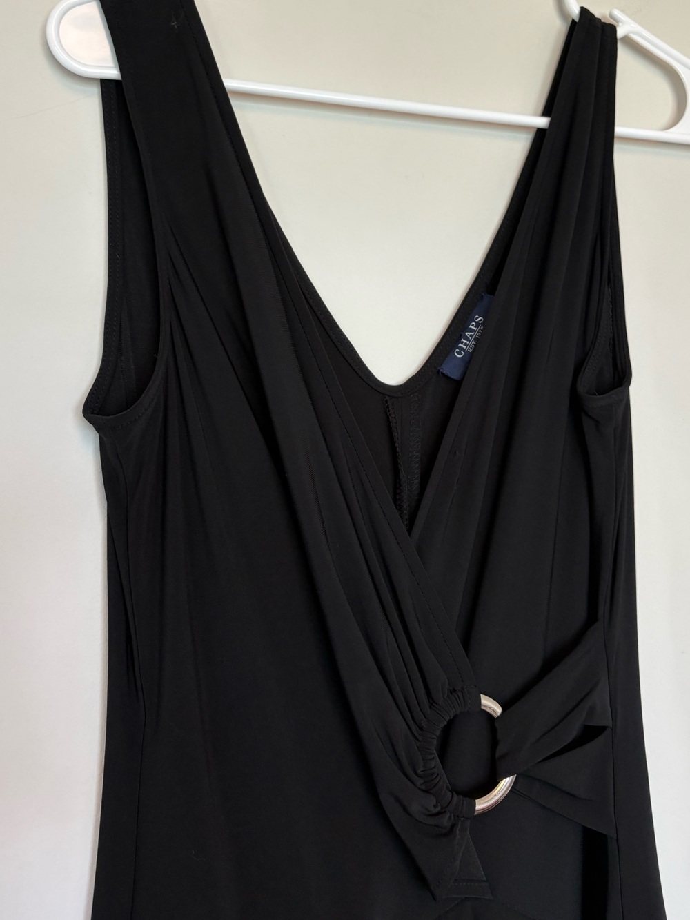 Chaps Black V-Neck Fit and Flare Midi Dress Silver Ring Accent Size Medium - Picture 2 of 8